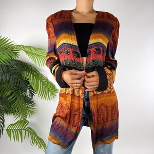 Vintage 90s Orange Hippie Bohemian Floral Open Front Cardigan Long Blazer / M